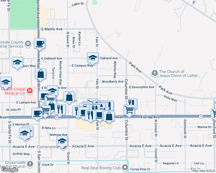 map of restaurants, bars, coffee shops, grocery stores, and more near 2176 East Devonshire Avenue in Hemet
