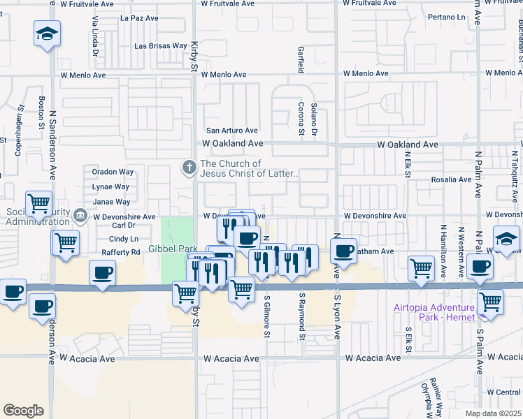 map of restaurants, bars, coffee shops, grocery stores, and more near 328 Avenue Miravella in Hemet