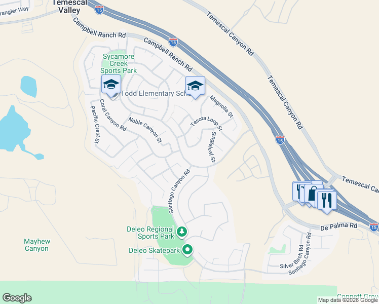map of restaurants, bars, coffee shops, grocery stores, and more near 11261 Figtree Terrace Road in Corona