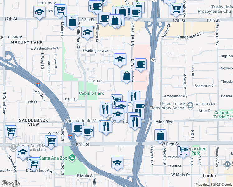 map of restaurants, bars, coffee shops, grocery stores, and more near 726-734 Park Center Drive in Santa Ana