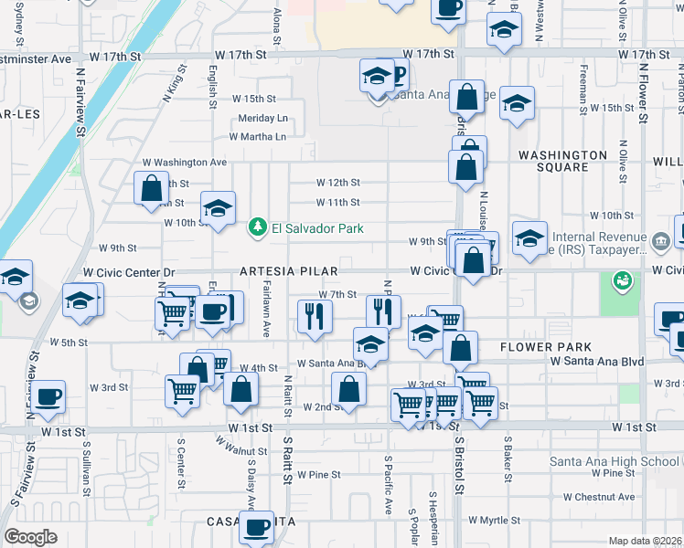 map of restaurants, bars, coffee shops, grocery stores, and more near 1618 West Civic Center Drive in Santa Ana