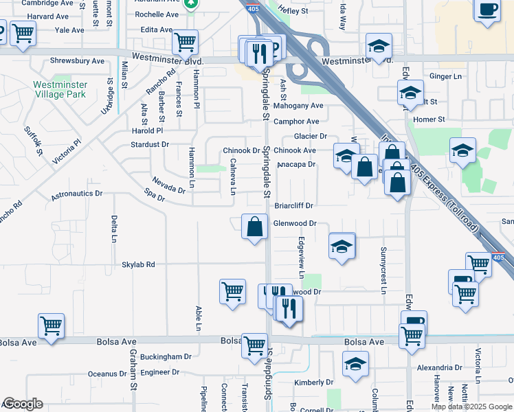 map of restaurants, bars, coffee shops, grocery stores, and more near 14501 Chateau Lane in Huntington Beach