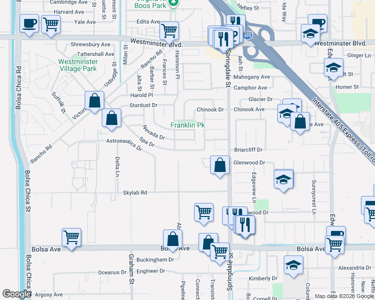 map of restaurants, bars, coffee shops, grocery stores, and more near 5811 Spa Drive in Huntington Beach