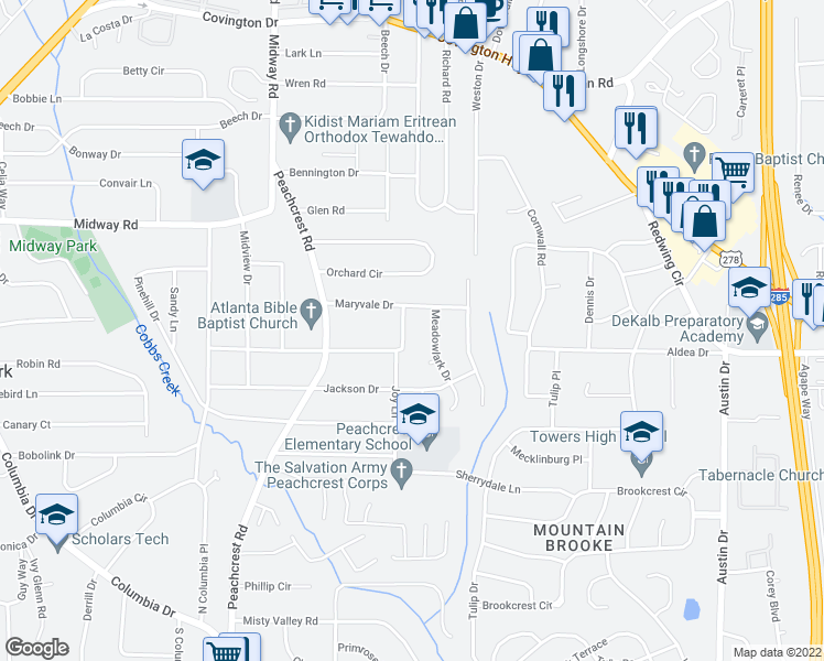 map of restaurants, bars, coffee shops, grocery stores, and more near 1420 Joy Lane in Decatur