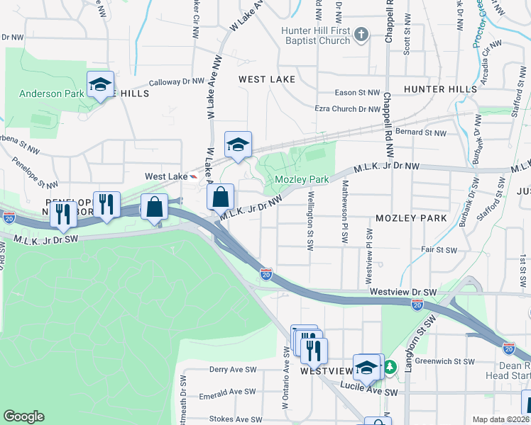 map of restaurants, bars, coffee shops, grocery stores, and more near 132 Racine Street Southwest in Atlanta