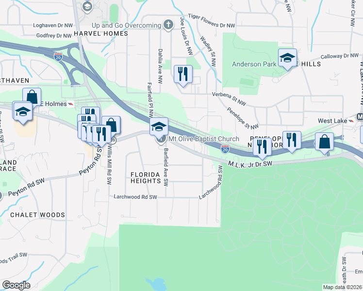 map of restaurants, bars, coffee shops, grocery stores, and more near 2163 Martin Luther King Junior Drive Southwest in Atlanta