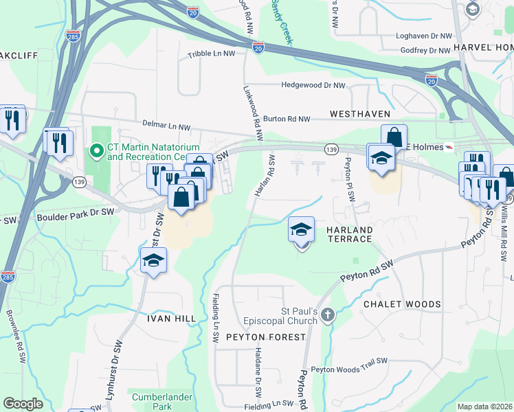 map of restaurants, bars, coffee shops, grocery stores, and more near 2832 Emeral Court Southwest in Atlanta
