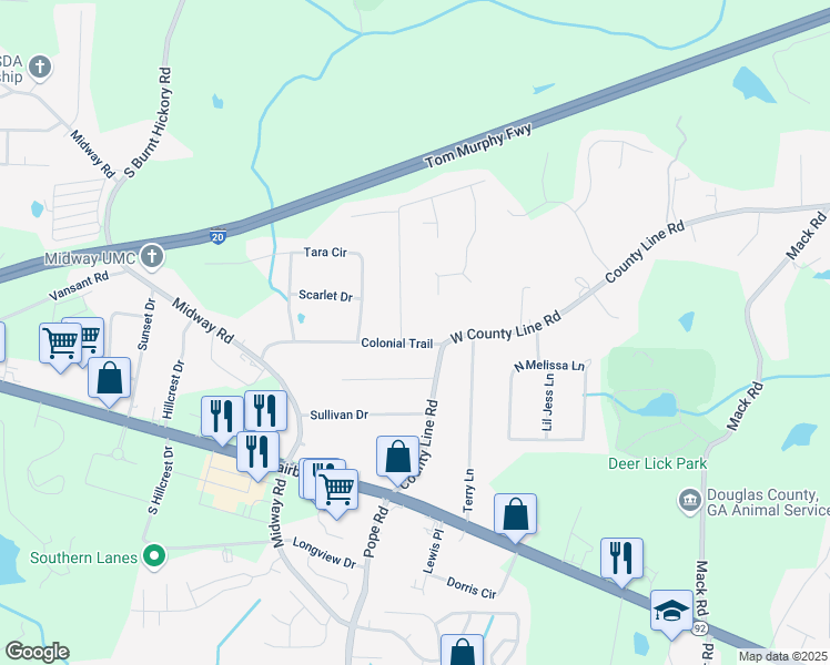 map of restaurants, bars, coffee shops, grocery stores, and more near 3619 Colonial Trail in Douglasville
