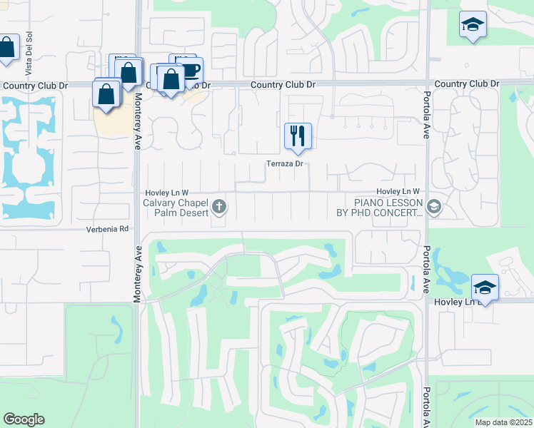 map of restaurants, bars, coffee shops, grocery stores, and more near 40861 Avenue Solana in Palm Desert