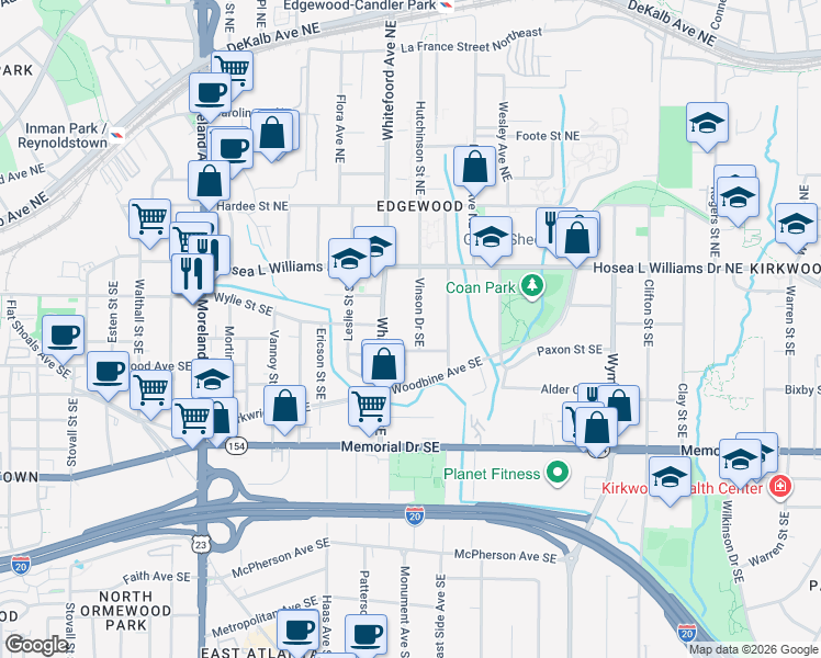 map of restaurants, bars, coffee shops, grocery stores, and more near 66 Vinson Drive Southeast in Atlanta