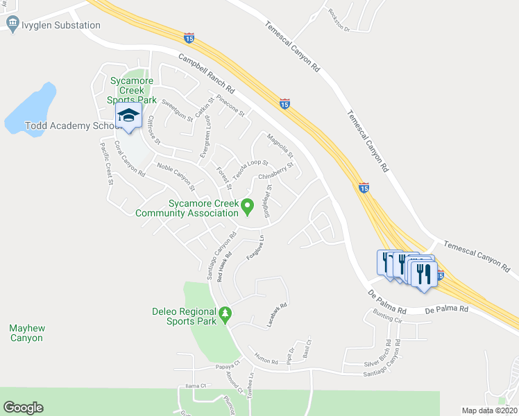 map of restaurants, bars, coffee shops, grocery stores, and more near 25361 Singleleaf Street in Corona