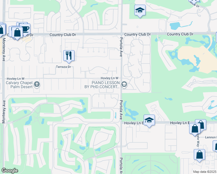 map of restaurants, bars, coffee shops, grocery stores, and more near 162 Wimbledon Court in Palm Desert