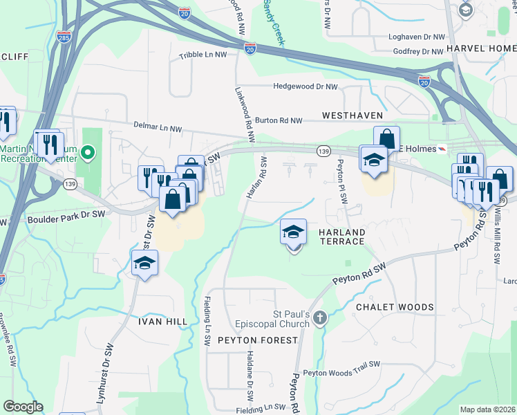 map of restaurants, bars, coffee shops, grocery stores, and more near 2832 Emeral Court Southwest in Atlanta