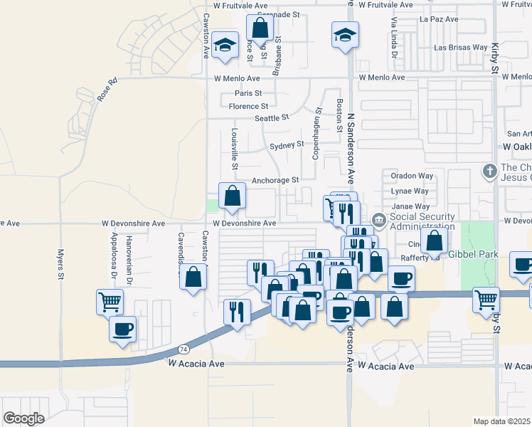 map of restaurants, bars, coffee shops, grocery stores, and more near 3800 West Devonshire Avenue in Hemet