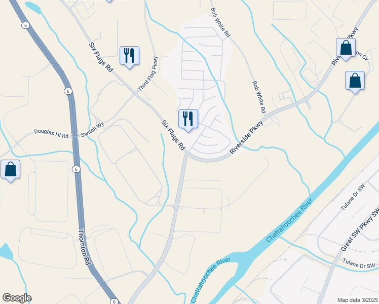 map of restaurants, bars, coffee shops, grocery stores, and more near 750 Six Flags Road in Austell