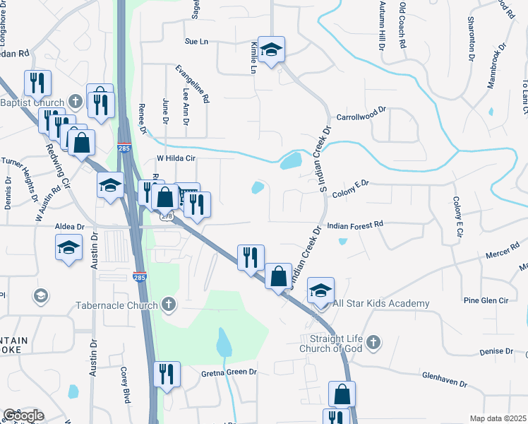 map of restaurants, bars, coffee shops, grocery stores, and more near 4057 Indian Creek Circle in Stone Mountain