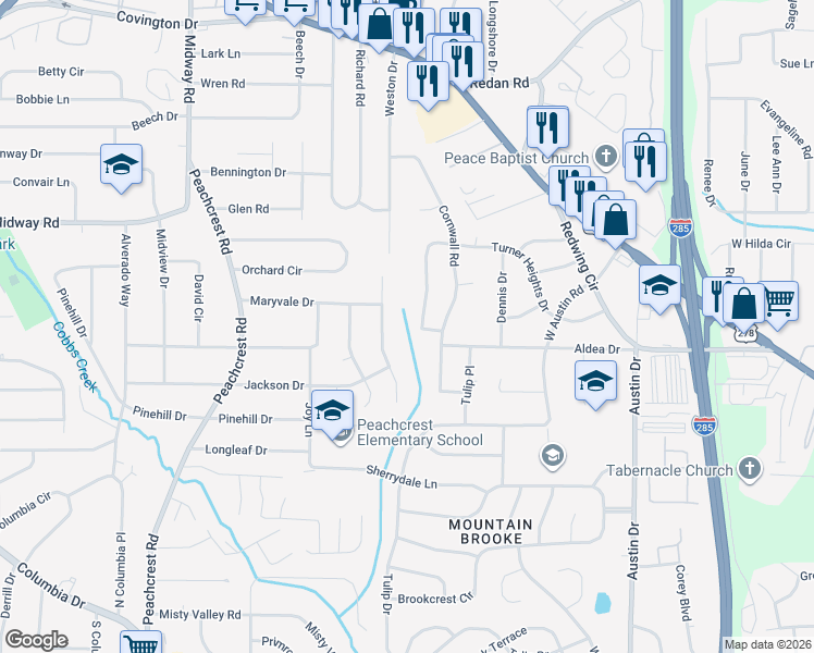 map of restaurants, bars, coffee shops, grocery stores, and more near 3508 Turner Heights Drive in Decatur