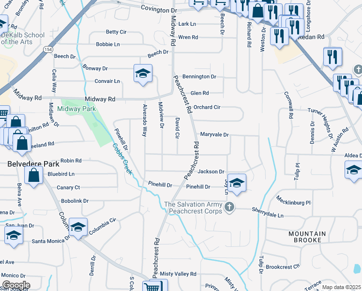 map of restaurants, bars, coffee shops, grocery stores, and more near 1428 David Circle in Decatur
