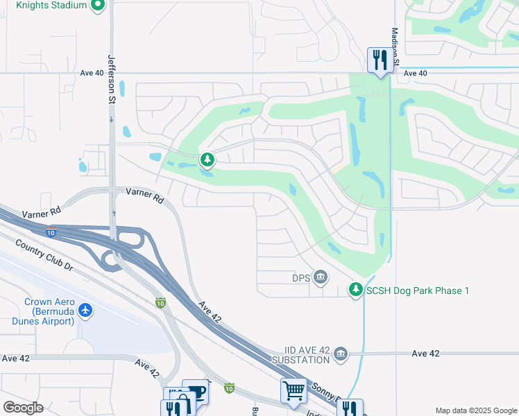 map of restaurants, bars, coffee shops, grocery stores, and more near 40996 Calle Santa Sofia in Indio