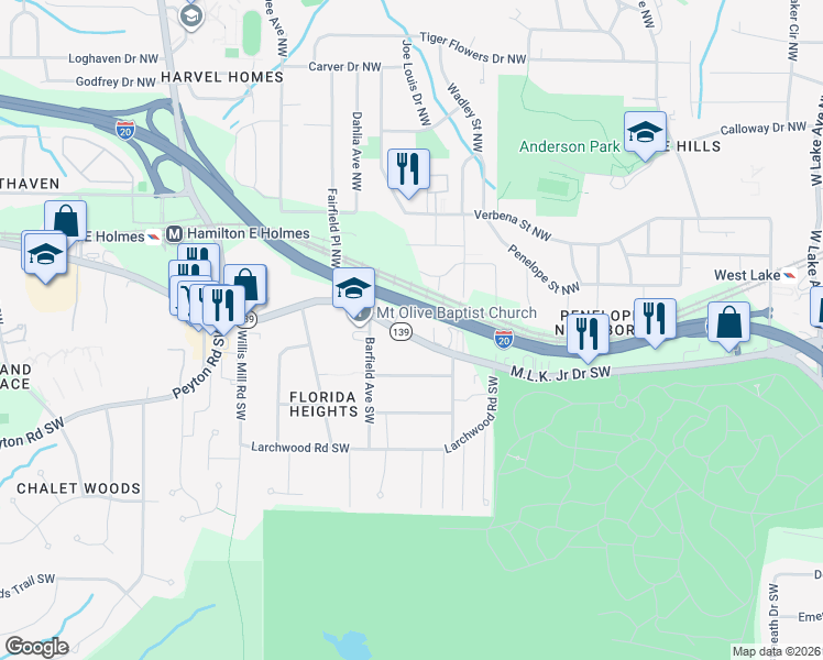 map of restaurants, bars, coffee shops, grocery stores, and more near 2163 Martin Luther King Junior Drive Southwest in Atlanta