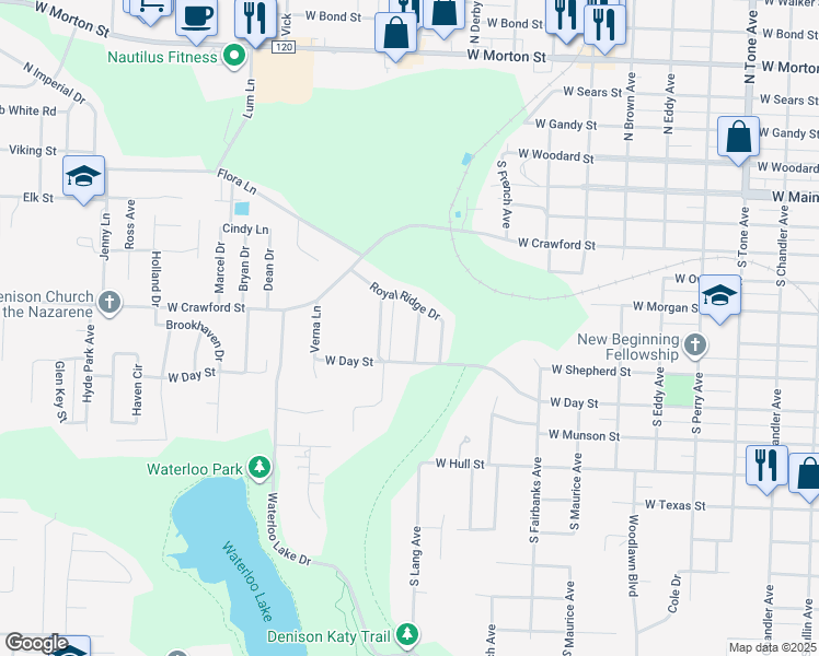 map of restaurants, bars, coffee shops, grocery stores, and more near 605 Queens Road in Denison