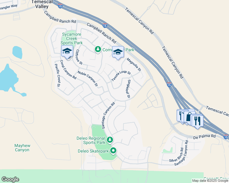map of restaurants, bars, coffee shops, grocery stores, and more near 11261 Figtree Terrace Road in Corona