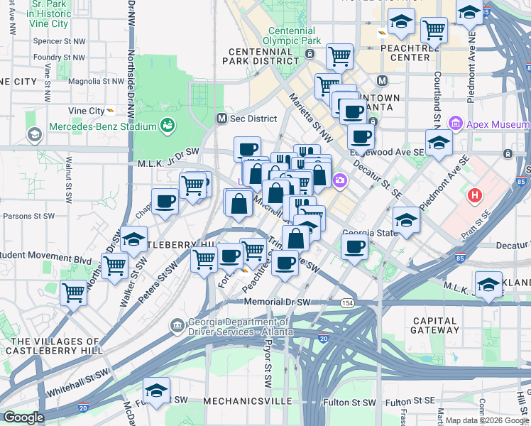 map of restaurants, bars, coffee shops, grocery stores, and more near 117 Forsyth Street Southwest in Atlanta