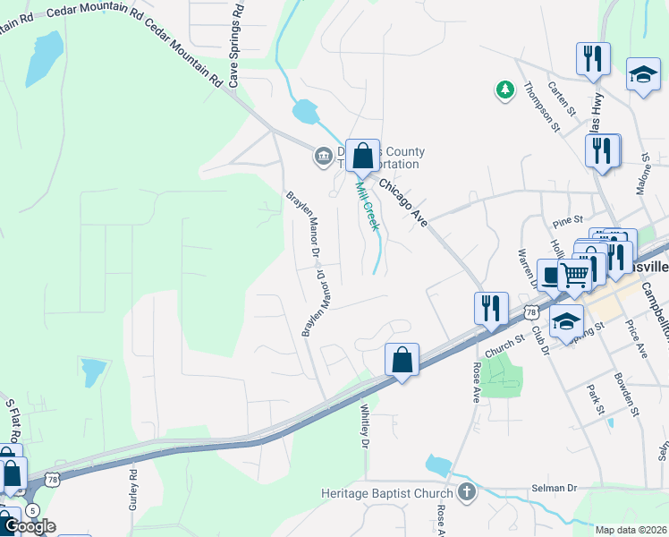 map of restaurants, bars, coffee shops, grocery stores, and more near 8502 Glenview Street in Douglasville