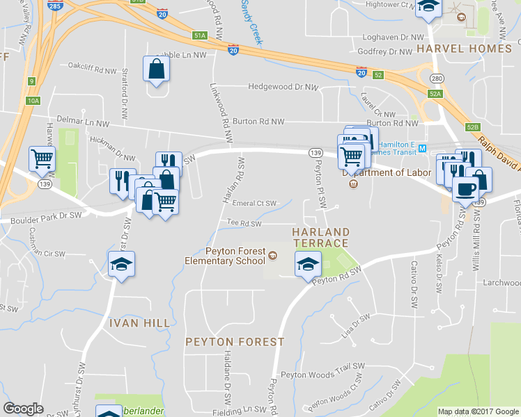 map of restaurants, bars, coffee shops, grocery stores, and more near 2790 Emeral Court Southwest in Atlanta