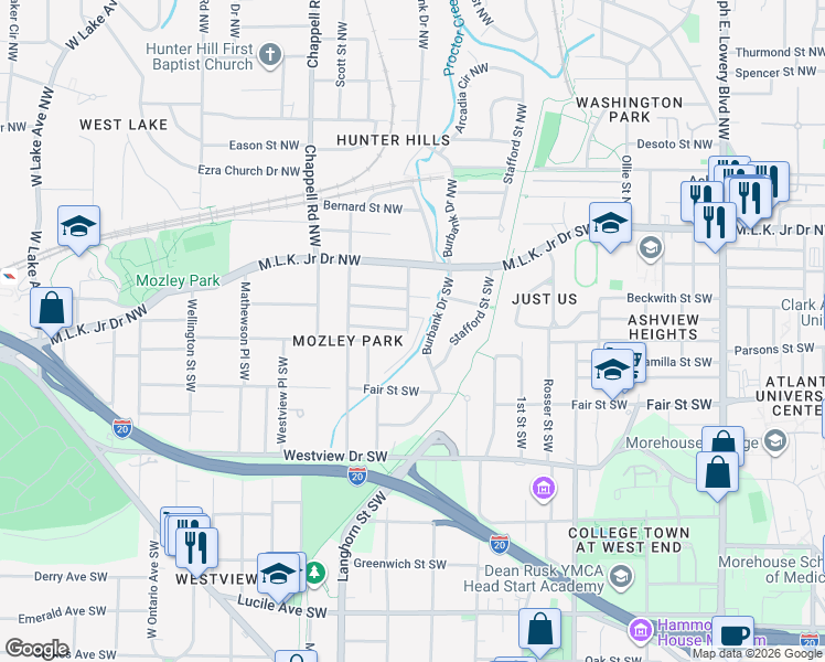 map of restaurants, bars, coffee shops, grocery stores, and more near 130 Cerro Street Southwest in Atlanta