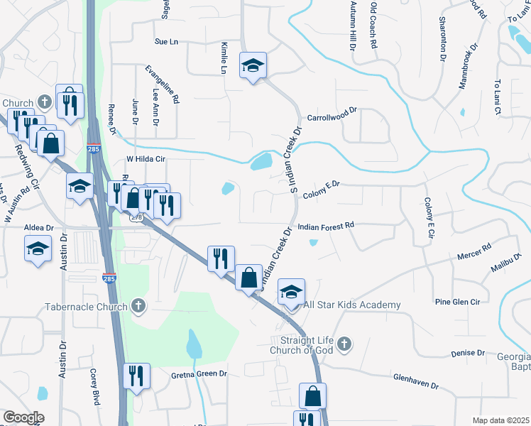 map of restaurants, bars, coffee shops, grocery stores, and more near 1415 Chedworth Place in Stone Mountain