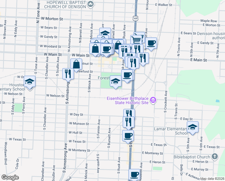 map of restaurants, bars, coffee shops, grocery stores, and more near 330 West Morgan Street in Denison