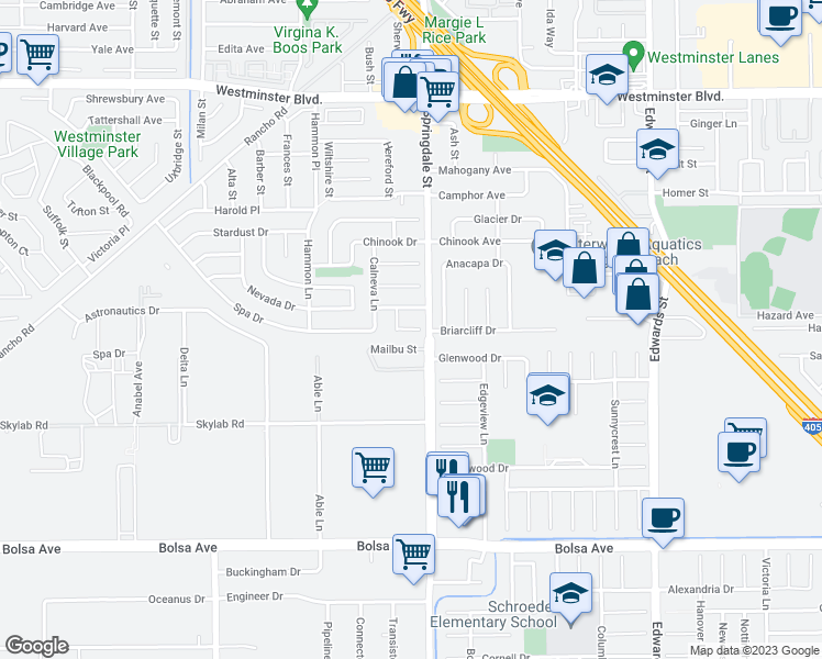 map of restaurants, bars, coffee shops, grocery stores, and more near 14501 Chateau Lane in Huntington Beach