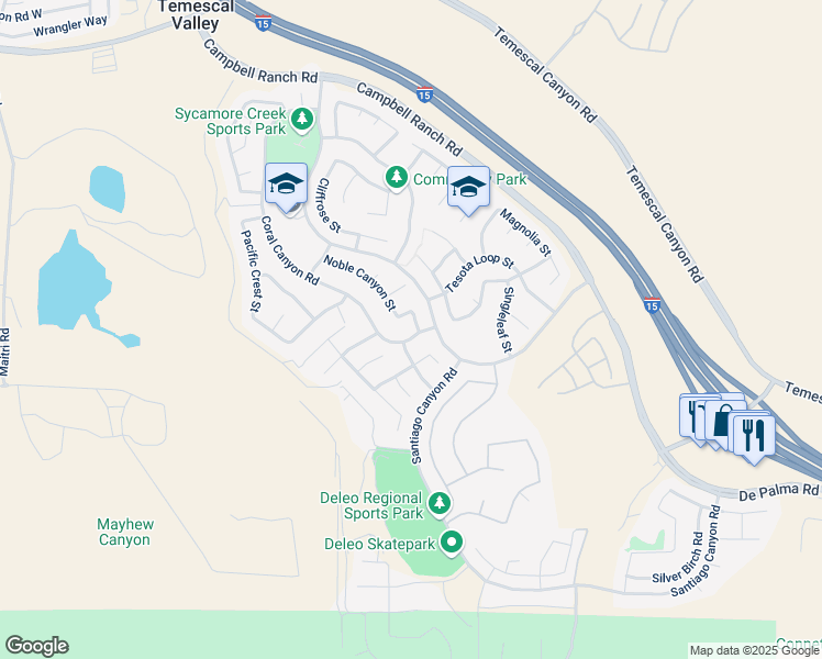 map of restaurants, bars, coffee shops, grocery stores, and more near 25380 Coral Canyon Road in Corona