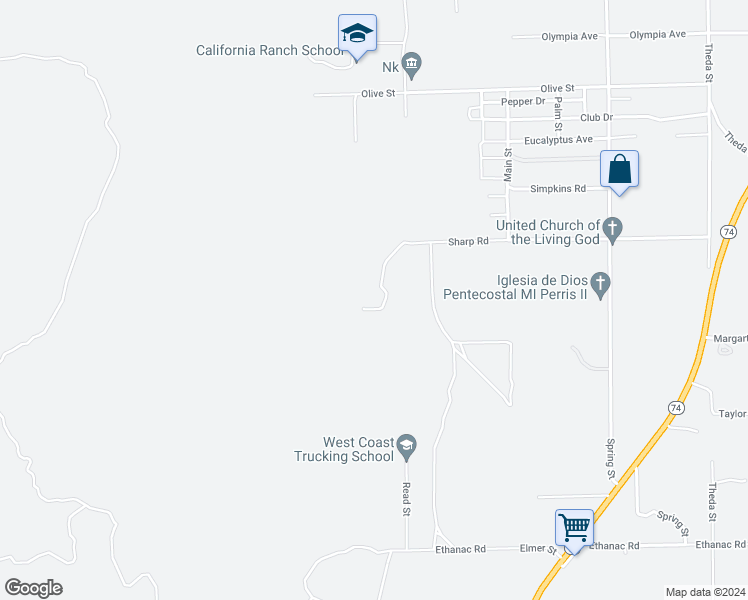 map of restaurants, bars, coffee shops, grocery stores, and more near 21141 Sharp Road in Perris