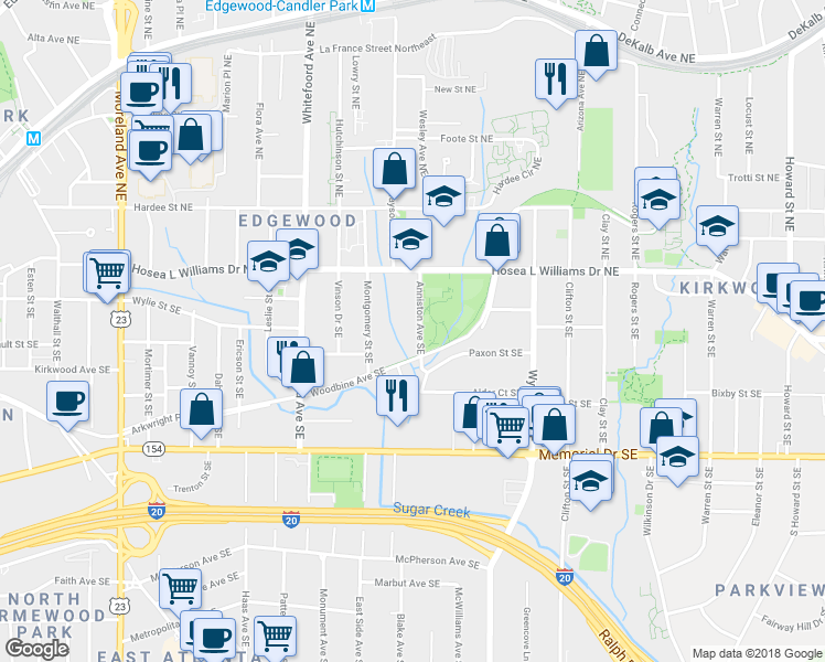 map of restaurants, bars, coffee shops, grocery stores, and more near 71 Anniston Avenue Southeast in Atlanta