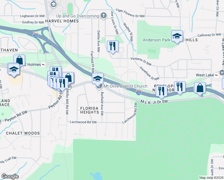 map of restaurants, bars, coffee shops, grocery stores, and more near 2163 Martin Luther King Junior Drive Southwest in Atlanta