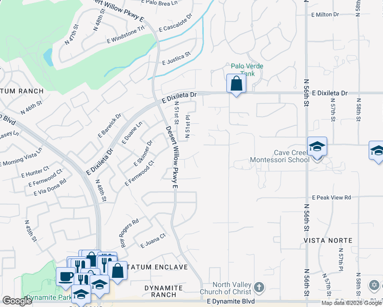 map of restaurants, bars, coffee shops, grocery stores, and more near 5120 East Via Dona Road in Cave Creek