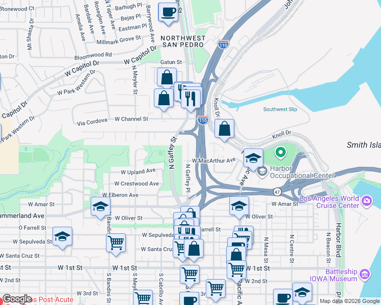 map of restaurants, bars, coffee shops, grocery stores, and more near 928 North Gaffey Place in Los Angeles