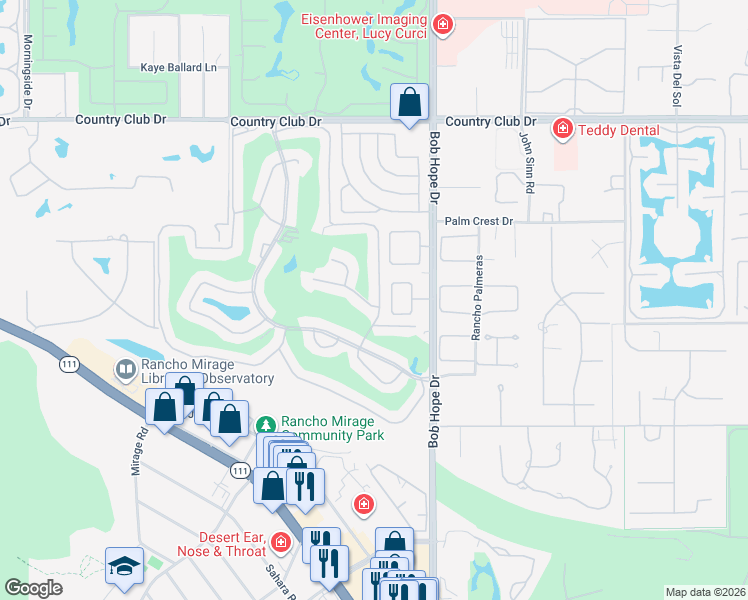 map of restaurants, bars, coffee shops, grocery stores, and more near 89 La Ronda Drive in Rancho Mirage