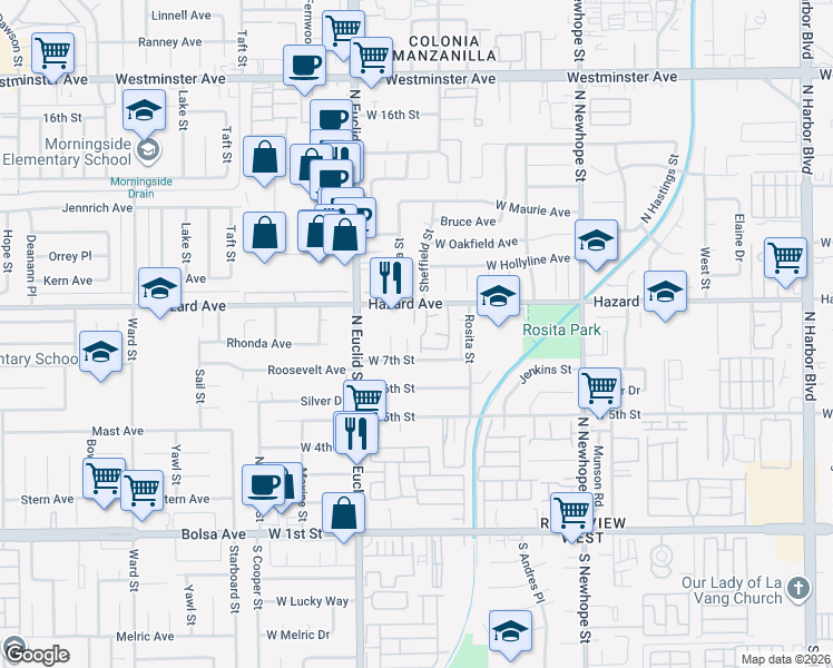 map of restaurants, bars, coffee shops, grocery stores, and more near 738 Amberwood Drive in Santa Ana