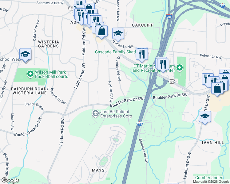 map of restaurants, bars, coffee shops, grocery stores, and more near 192 Nathan Road Southwest in Atlanta