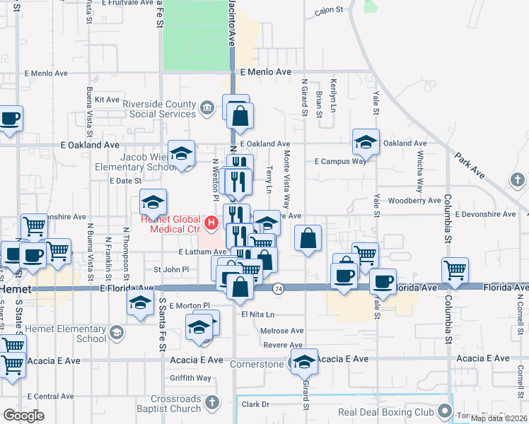 map of restaurants, bars, coffee shops, grocery stores, and more near 1470 East Devonshire Avenue in Hemet