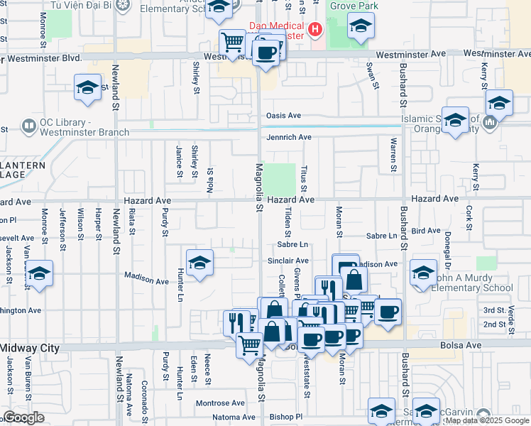 map of restaurants, bars, coffee shops, grocery stores, and more near 14520 Magnolia St in Westminster