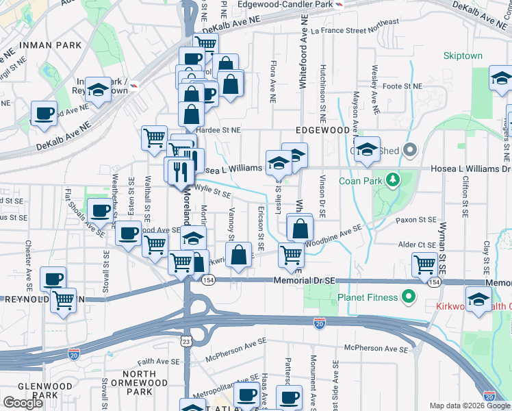 map of restaurants, bars, coffee shops, grocery stores, and more near 1305 Wylie Street Southeast in Atlanta