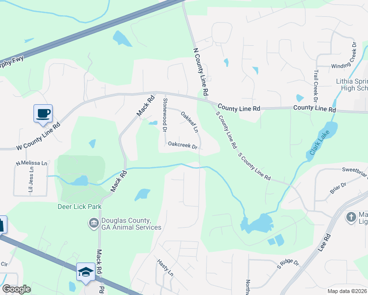 map of restaurants, bars, coffee shops, grocery stores, and more near 2061 Oakcreek Drive in Lithia Springs