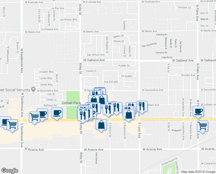 map of restaurants, bars, coffee shops, grocery stores, and more near 2100 W Devonshire Ave in Hemet