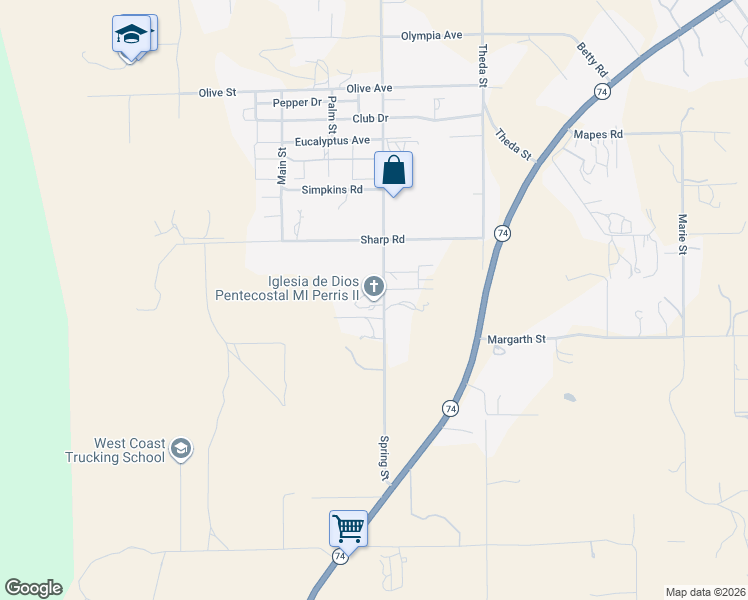 map of restaurants, bars, coffee shops, grocery stores, and more near 25401 Spring Street in Perris