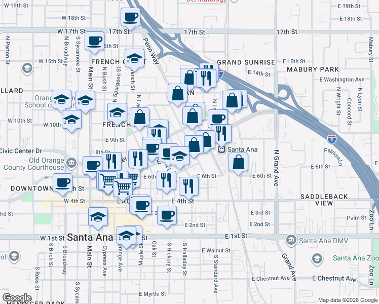 map of restaurants, bars, coffee shops, grocery stores, and more near 812 East Santa Ana Boulevard in Santa Ana