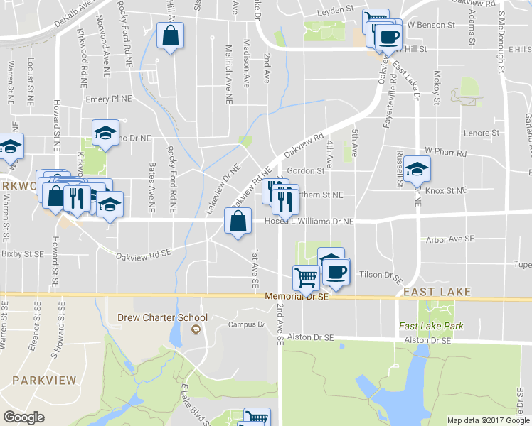 map of restaurants, bars, coffee shops, grocery stores, and more near 2340 Hosea L Williams Drive Northeast in Atlanta